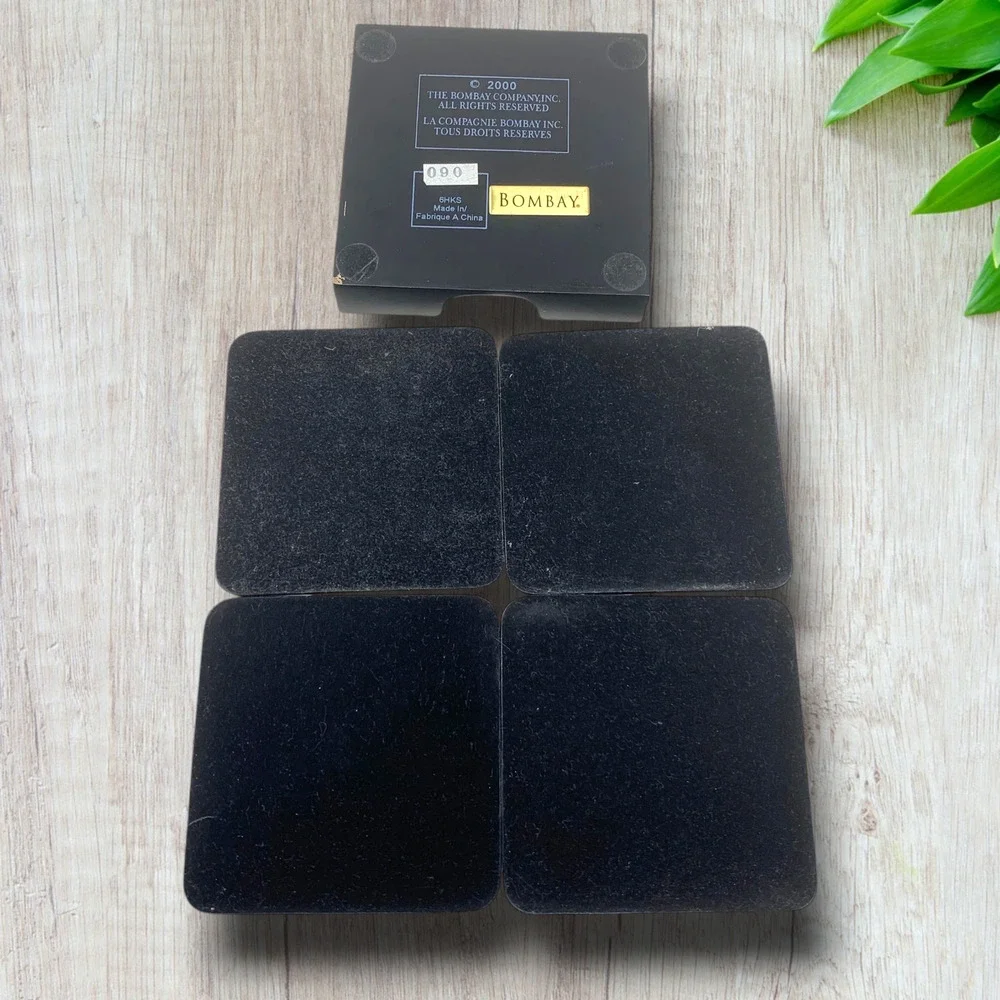 Vintage Bombay Company Wood Veneer Coasters Holder Set 4 Bookmatched Felt Back